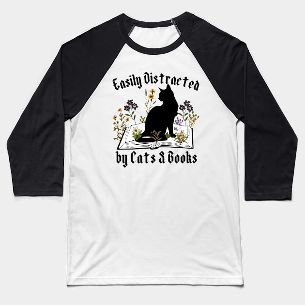 Easily Distracted by Cats and Books Baseball T-Shirt by Hypnotic Highs